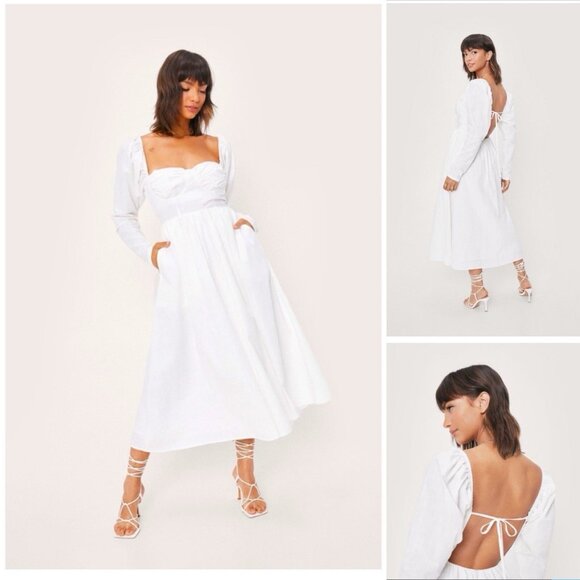 Nastygal Dress Womens 10 White Midi Ruched Tie Back‎ Backless Peasant Boho Puff - Picture 1 of 16